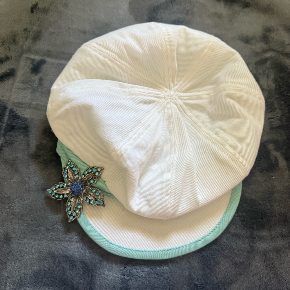 White and Mint Cap with Floral Pin Accent